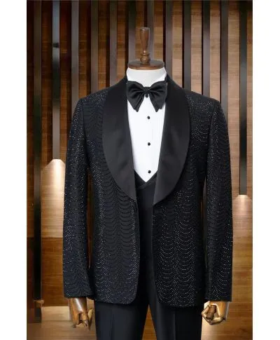 Smoking Uomo Nero con Strass – Rever Ampio - Modello Orlando