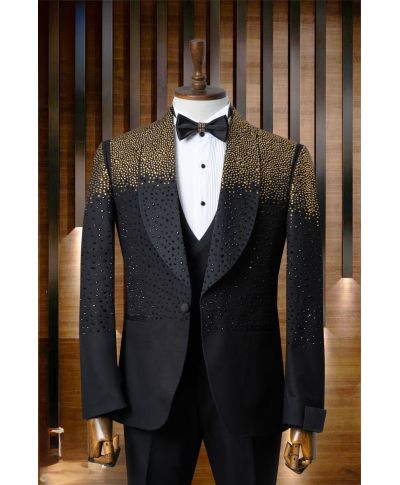Smoking Uomo Nero con Strass Oro – Modello Phoenix