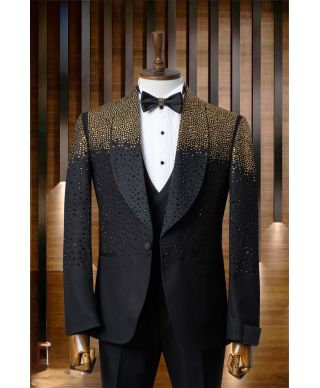 Smoking Uomo Nero con Strass Oro – Modello Phoenix