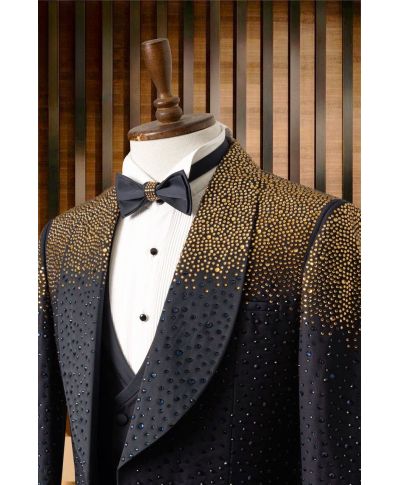 Smoking Uomo Nero con Strass Oro – Modello Phoenix