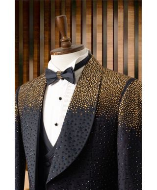 Smoking Uomo Nero con Strass Oro – Modello Phoenix