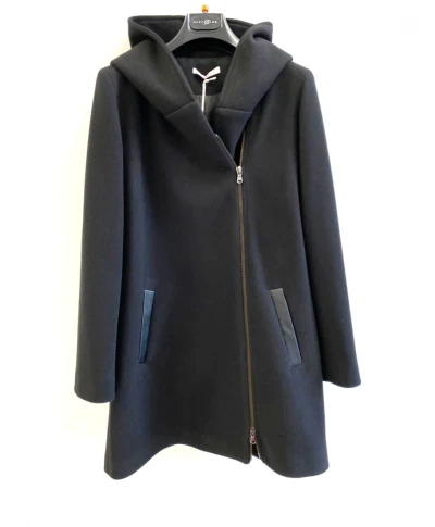 Cappotto, nero con cappuccio con cerniera laterale - Cappotto donna