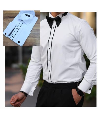 Camicia bianca doppio polso con profilo nero - Tahiti