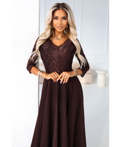 Abito lungo da cerimonia marrone cioccolato con corpetto in pizzo e spacco – Amber - gogolfun.it