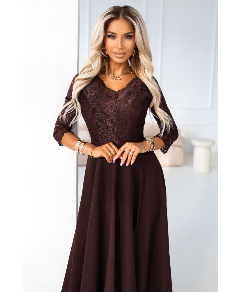 Abito lungo da cerimonia marrone cioccolato con corpetto in pizzo e spacco – Amber - gogolfun.it