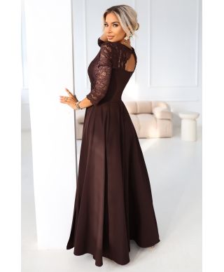  309-14 AMBER elegancka długa koronkowa suknia z dekoltem - czekolada 