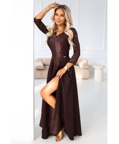 Abito lungo da cerimonia marrone cioccolato con corpetto in pizzo e spacco – Amber - gogolfun.it