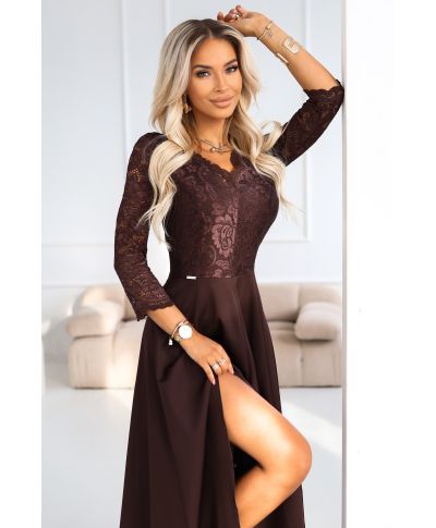 Abito lungo da cerimonia marrone cioccolato con corpetto in pizzo e spacco – Amber - gogolfun.it