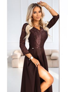  309-14 AMBER elegancka długa koronkowa suknia z dekoltem - czekolada 