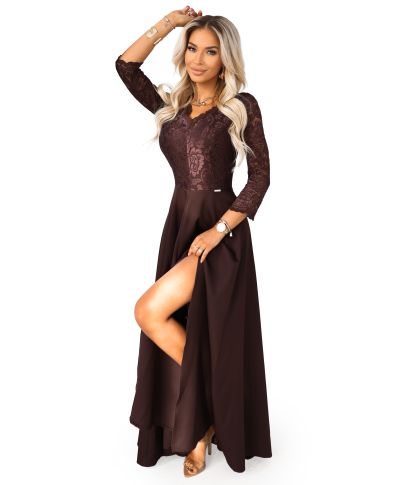 Abito lungo da cerimonia marrone cioccolato con corpetto in pizzo e spacco – Amber - gogolfun.it