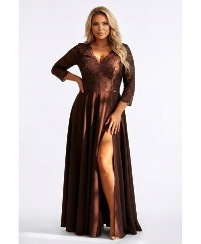 Abito lungo da cerimonia marrone cioccolato con corpetto in pizzo e spacco – Amber - gogolfun.it