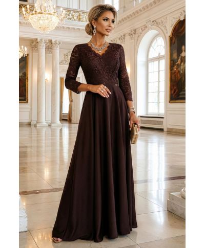 Abito lungo da cerimonia marrone cioccolato con corpetto in pizzo e spacco – Amber - gogolfun.it