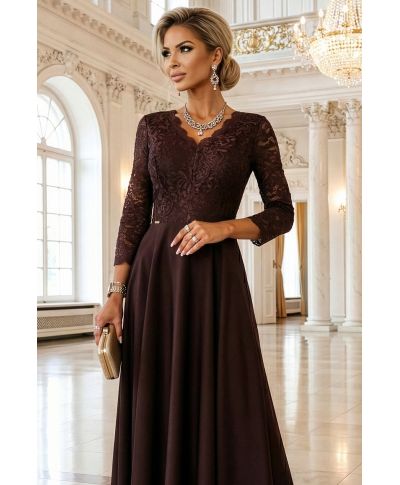 Abito lungo da cerimonia marrone cioccolato con corpetto in pizzo e spacco – Amber - gogolfun.it