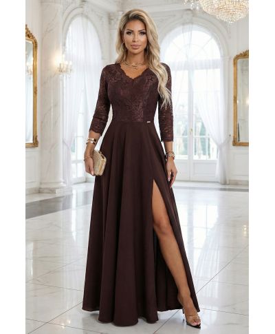 Abito lungo da cerimonia marrone cioccolato con corpetto in pizzo e spacco – Amber - gogolfun.it