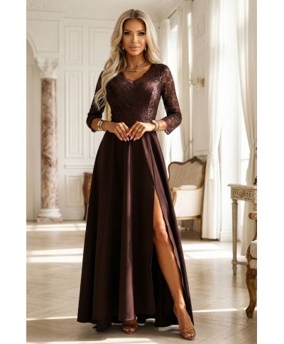Abito lungo da cerimonia marrone cioccolato con corpetto in pizzo e spacco – Amber - gogolfun.it