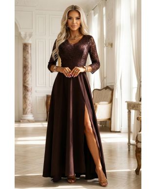  309-14 AMBER elegancka długa koronkowa suknia z dekoltem - czekolada 