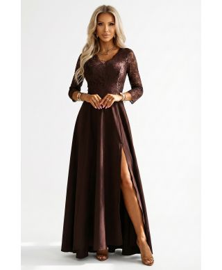  309-14 AMBER elegancka długa koronkowa suknia z dekoltem - czekolada 