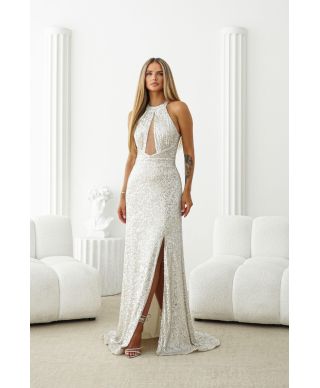Abito a sirena in paillettes platino- Inez - Gogolfun.it