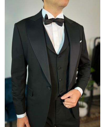 Smoking nero con gilet e rever ampio - King - Smoking e abiti da cerimonia uomo online - Gogolfun.it