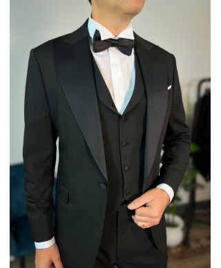 Smoking nero con gilet e rever ampio - King