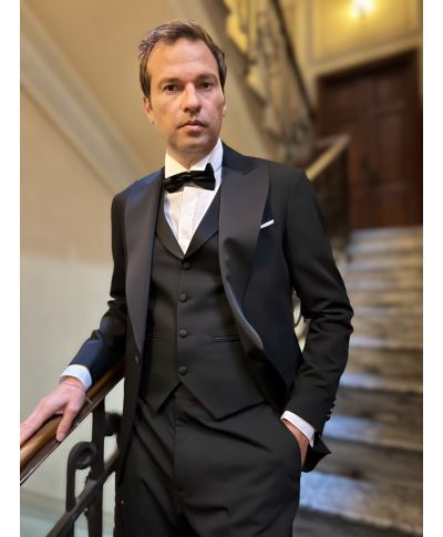 Smoking nero con gilet e rever ampio - King - Smoking e abiti da cerimonia uomo online - Gogolfun.it