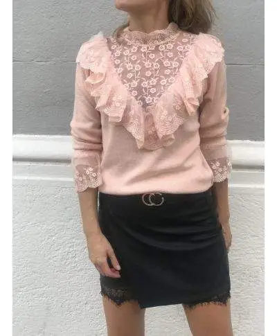 Pullover donna,rosa con balze e pizzo
