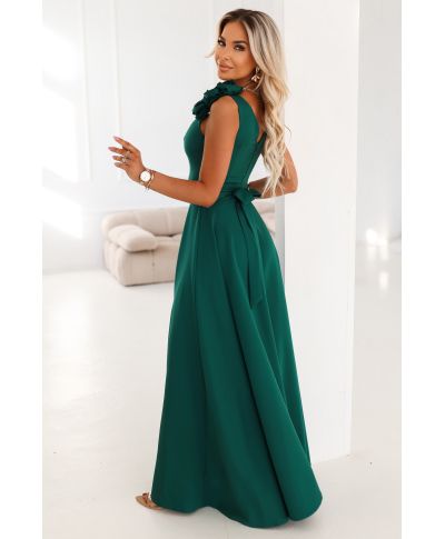 Abito da cerimonia verde bottiglia lungo con spacco sensuale e rosa decorativa - Lelia - gogolfun.it