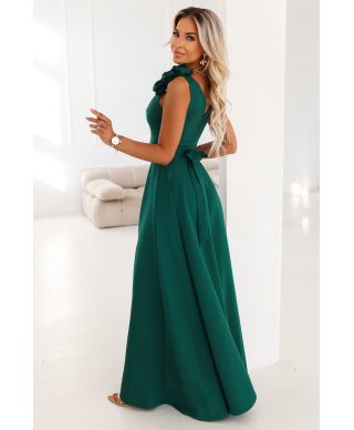  643-1 Elegancka wieczorowa suknia maxi z rozcięciem i różami - butelkowa zieleń 