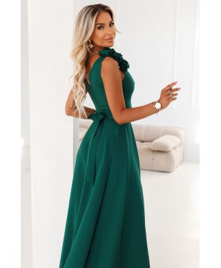  643-1 Elegancka wieczorowa suknia maxi z rozcięciem i różami - butelkowa zieleń 