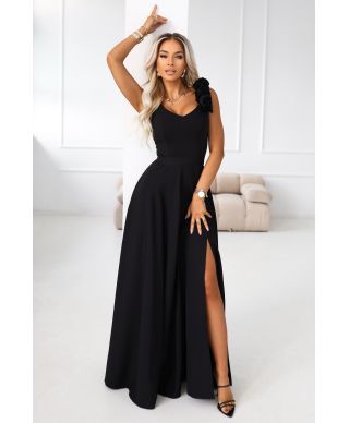 Abito lungo nero elegante con spacco laterale  per eventi speciali - Lelia - gogolfun.it