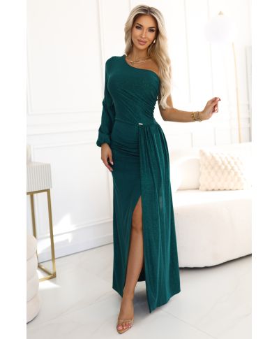 Abito lungo elegante - Verde Glitterato - Monospalla  - Con Spacco – SOMBRA - GOGOLFUN.IT