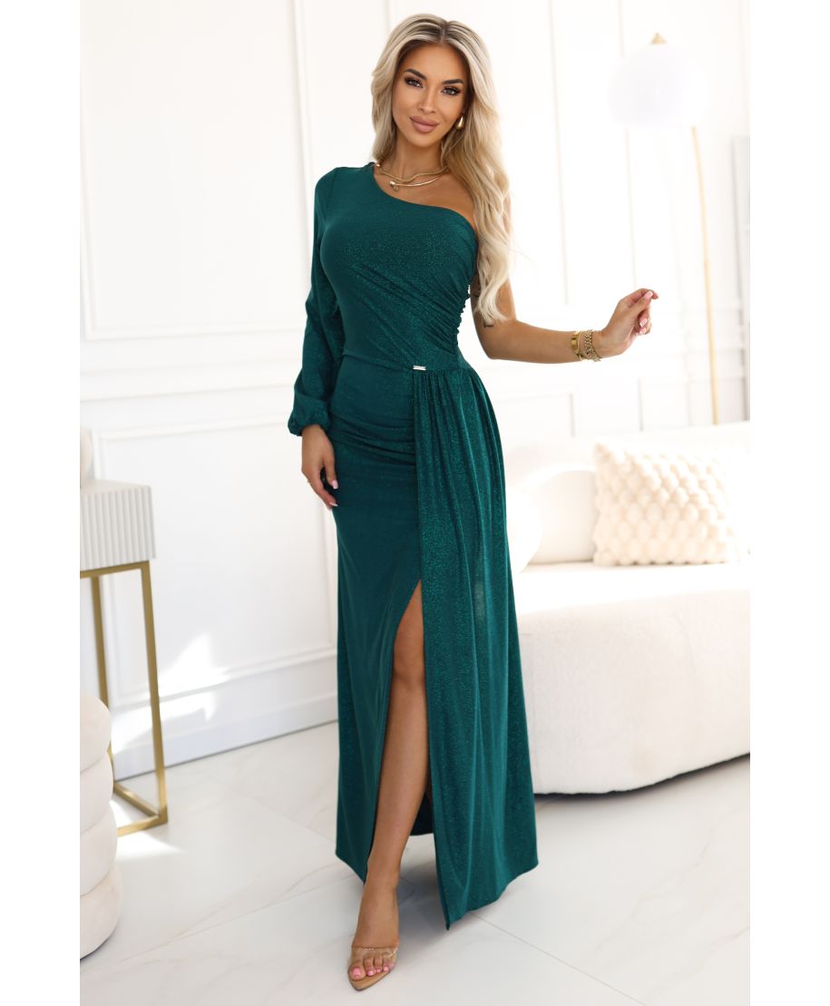 Abito lungo elegante - Verde Glitterato - Monospalla  - Con Spacco – SOMBRA - GOGOLFUN.IT