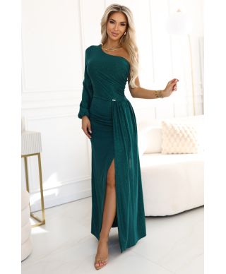 Abito lungo elegante - Verde Glitterato - Monospalla  - Con Spacco – SOMBRA - GOGOLFUN.IT