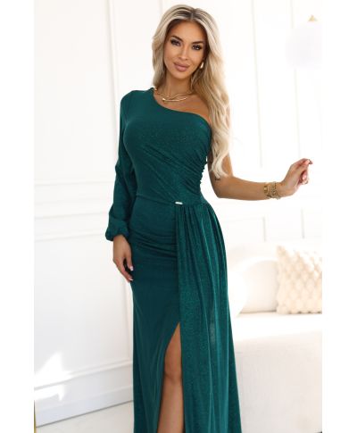 Abito lungo elegante - Verde Glitterato - Monospalla  - Con Spacco – SOMBRA - GOGOLFUN.IT