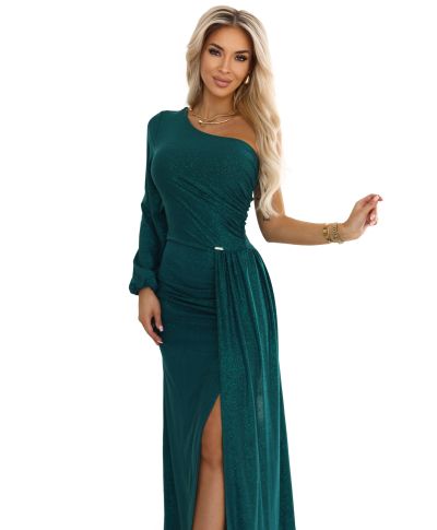 Abito lungo elegante - Verde Glitterato - Monospalla  - Con Spacco – SOMBRA - GOGOLFUN.IT