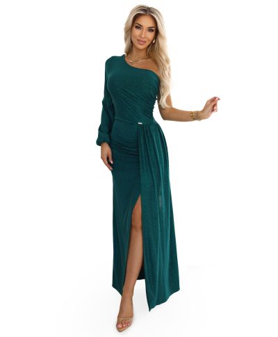 Abito lungo elegante - Verde Glitterato - Monospalla  - Con Spacco – SOMBRA - GOGOLFUN.IT