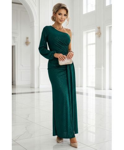 Abito lungo elegante - Verde Glitterato - Monospalla  - Con Spacco – SOMBRA - GOGOLFUN.IT