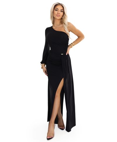 Vestito da Cerimonia Nero Lungo - Spacco, Drappeggio - Monospalla - SOMBRA - gogolfun.it