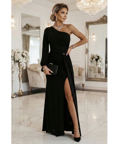 Vestito da Cerimonia Nero Lungo - Spacco, Drappeggio - Monospalla - SOMBRA - gogolfun.it