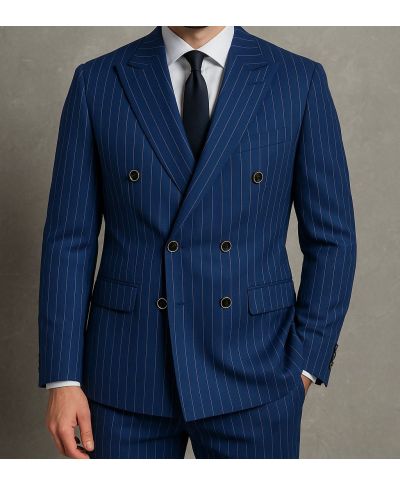 Abito doppiopetto blu slim fit - Riga bianca a sei bottoni modello Bond