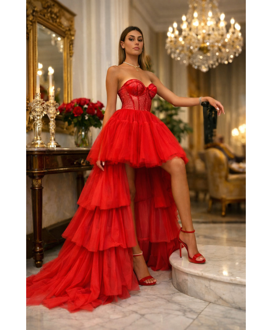 Abito con coda staccabile, rosso - Hura - Matrimoni e diciottesimi - Gogolfun.it