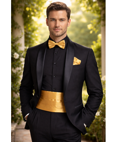 Set da cerimonia - Fascia smoking, papillon e pochette - Oro - Matrimoni e occasioni speciali - Gogolfun.it