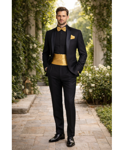 Set da cerimonia - Fascia smoking, papillon e pochette - Oro - Matrimoni e occasioni speciali - Gogolfun.it