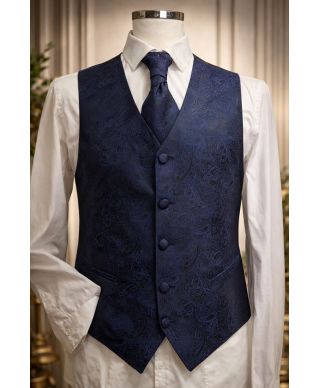 Completo Gilet da cerimonia e cravattone - Blu damascato
