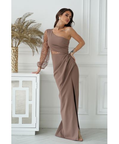 Abito lungo elegante da donna - Monospalla - Colore cammello