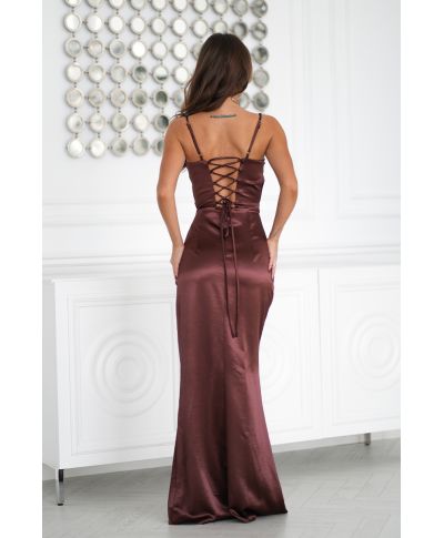 Abito Satinato Maxi con Corsetto - Color Cioccolato – Tessuto liscio e luminoso