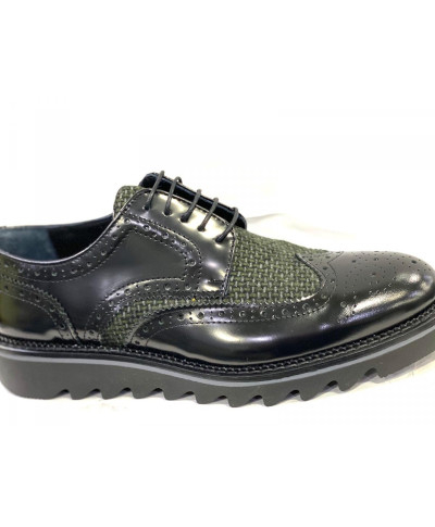 Scarpe uomo, francesine, con tessuto verde militare - Vera Pelle - Made in Italy -  Vera pelle