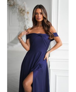 Abito lungo elegante blu notte con effetto metallico e scollo spagnolo