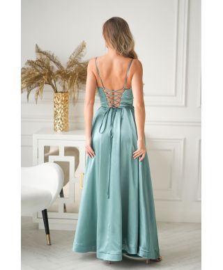 Abito da cerimonia in satin color menta - Gonna Ampia - Spacco Laterale - gogolfun.it