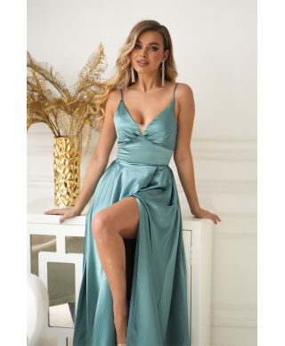 Abito da cerimonia in satin color menta - Gonna Ampia - Spacco Laterale